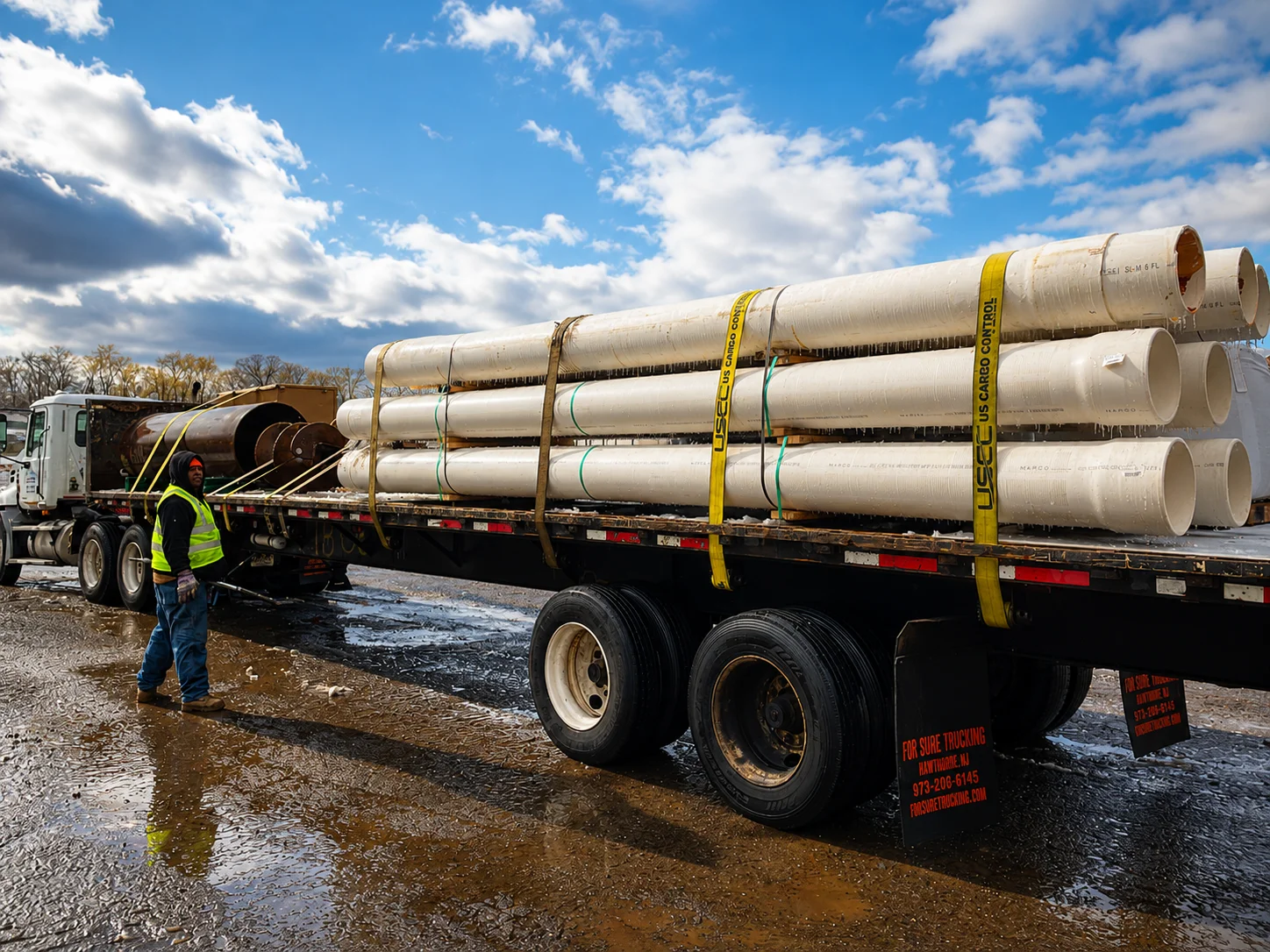 truck carrying large pipes
